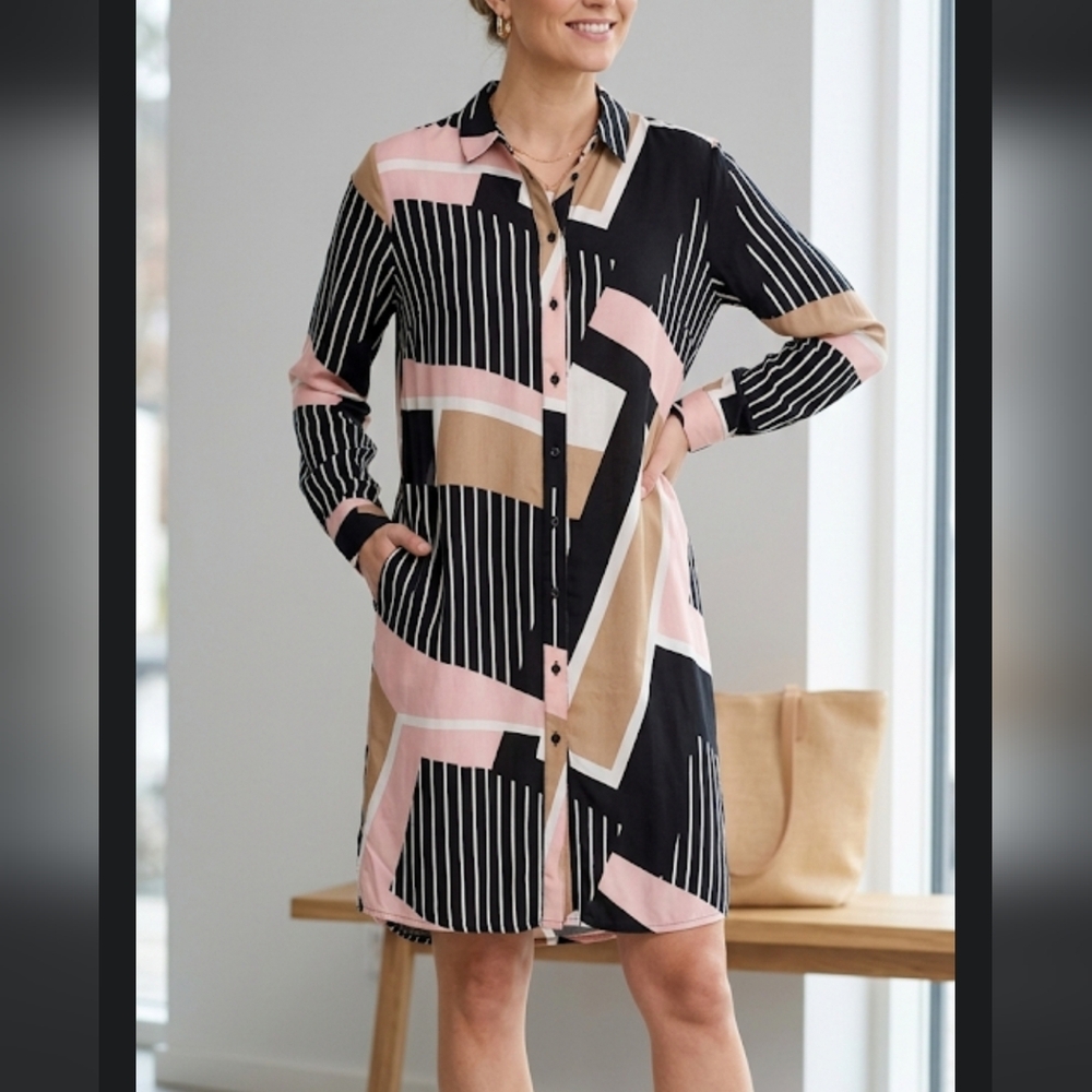 KAFFE KAverena SHIRT DRESS Geometric Print Long Sleeve Button Down Womens 34